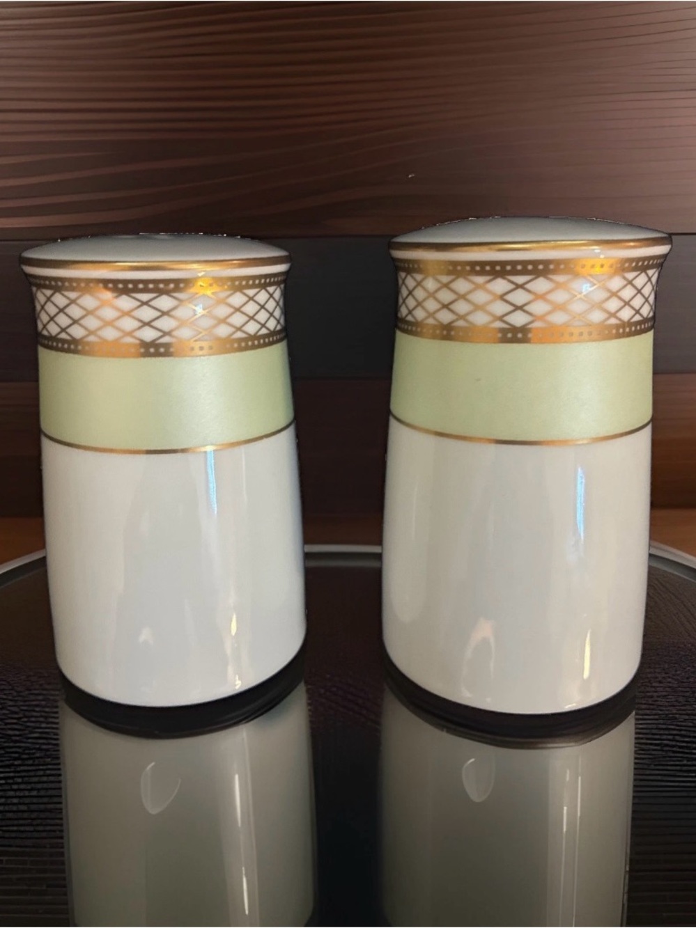 Ralph Lauren Silk Ribbon Celadon Salt and Pepper Shakers Set Fine Bone China NEW